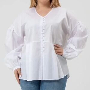 NWT|Harshman Billie 100% Cotton Popover V Neck Blouse Button Detailing White 1X